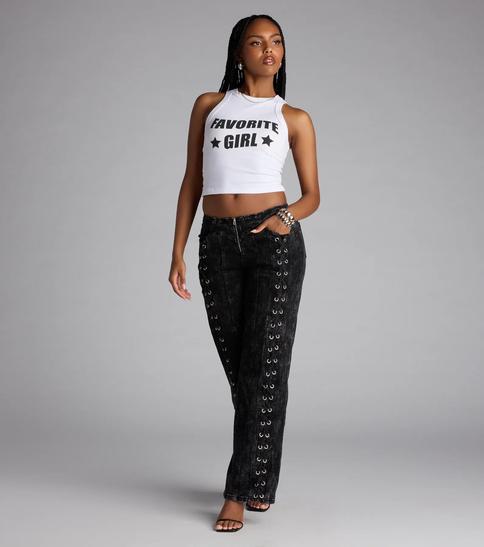 Dial Up Drama Mid-Rise Lace Up Denim Jeans